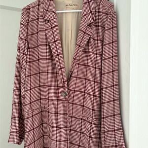 We The Free People Burgundy Houndstooth Linen Blend Boyfriend Jacket. Medium